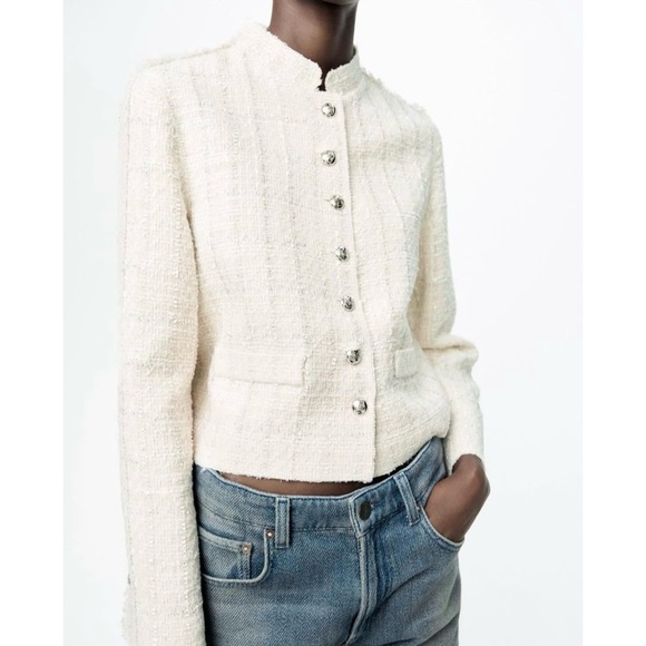 Zara textured tweed military style blazer jacket with silver buttons white - Picture 11 of 12